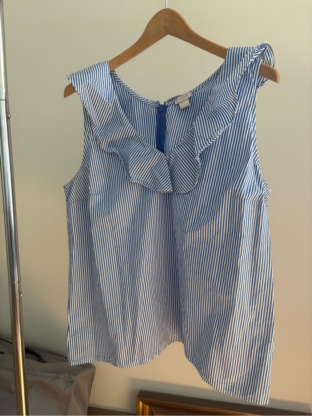 J. Crew Blue and White Striped Ruffle Neck Top, Size XL